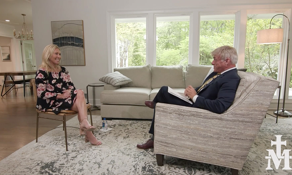 Rep. Marjorie Taylor Greene, R-Ga., speaks with Church Militant head Michael Voris during an interview. (Video screen grab)