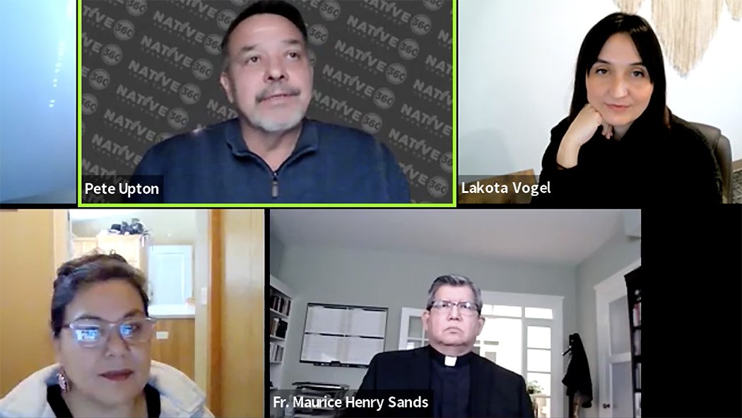 Panelists for a Jan. 30, 2022, dialogue on "Justice in Native American Communities" during the Catholic Social Ministry Gathering are pictured clockwise from top left: Pete Upton, board chairman and interim executive director of Native CDFI; Lakota Vogel,