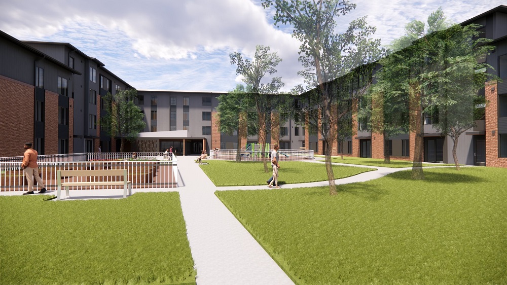 This architectural rendering shows a 100-unit apartment building to be developed on the east side of the former Marylhurst University campus in Lake Oswego, Oregon. 