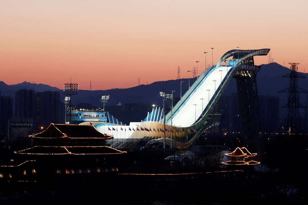 Big Air Shougang, a competition venue for the Beijing 2022 Winter Olympics, is seen at the Shougang Park during sunset in Beijing Feb. 2, 2022. (CNS/Rueters/Florence Lo)