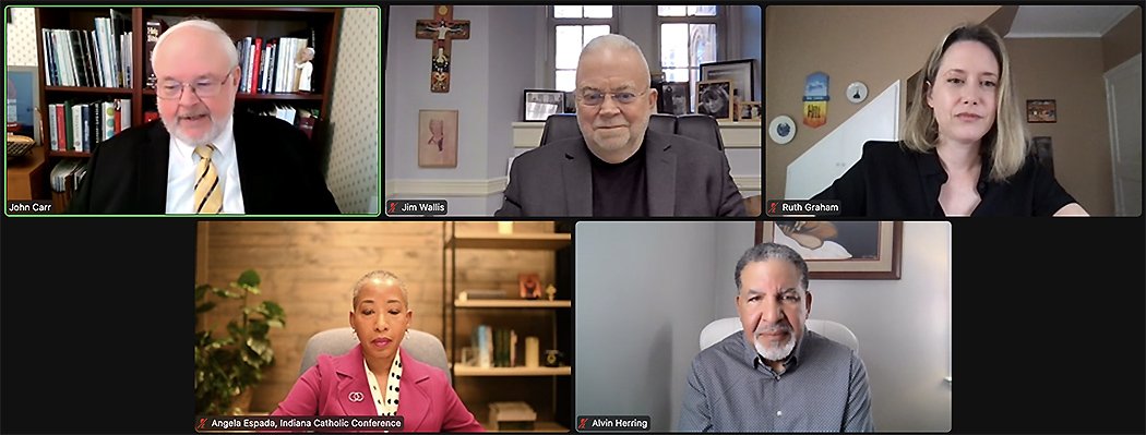 Panelists for a Georgetown University dialogue. Clockwise from top left: John Carr of the Initiative on Catholic Social Thought and Public Life at Georgetown; the Rev. Jim Wallis of the Center on Faith and Justice in the McCourt School of Public Policy at