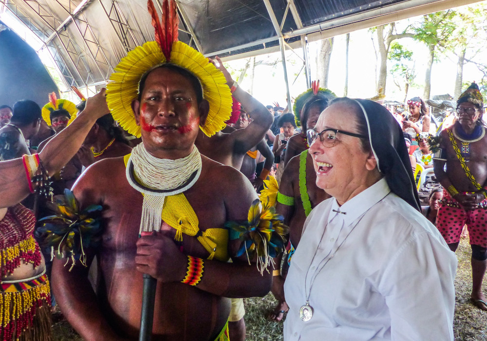 Sister Maria Inês Ribeiro, president of the Conference of Religious of Brazil, meets with Indigenous leaders at the Acampamento Terra Livre 2022-ATL (Free Land Camp) in Brasília April 7, 2022. (CNS/courtesy CRB Nacional)