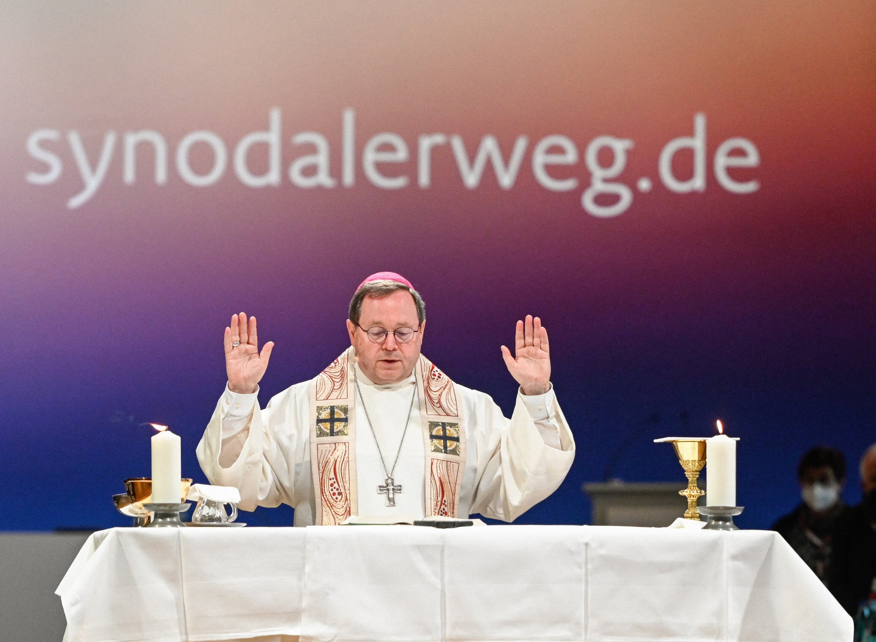 Bishop Georg Bätzing, president of the German bishops' conference, celebrates Mass during the third Synodal Assembly in Frankfurt Feb. 4, 2021. (CNS photo/Julia Steinbrecht, KNA)