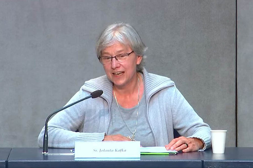 Claretian Sr. Jolanta Kafka, president of the International Union of Superiors General, speaks to reporters April 29 at the Vatican about the UISG plenary assembly to be held May 2-6 online and in Rome. (CNS/Vatican Media)