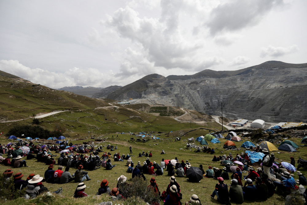 Members of Indigenous communities camp on the property of Chinese-owned Las Bambas copper mine in Peru April 26, 2022. (CNS/Reuters/Angela Ponce)