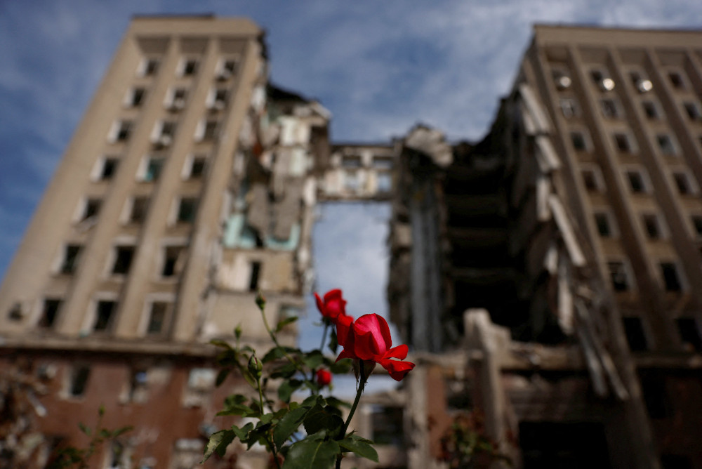 A flower is pictured in front of the destroyed regional administration building following shelling by Russian troops in Mykolaiv, Ukraine, June 8. (CNS/Reuters/Edgar Su)