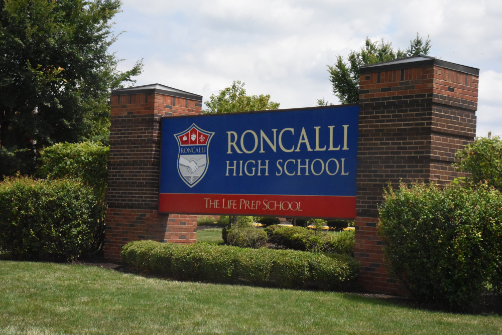 A sign for Roncalli High School in Indianapolis is seen July 23, 2020