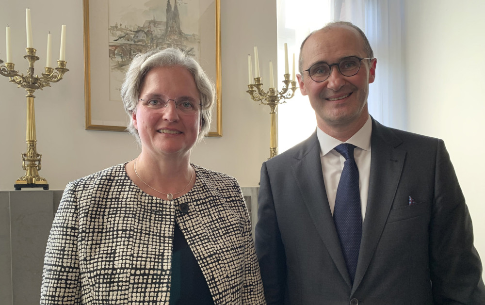 Charlotte Kreuter-Kirchhof, a member of the German Synodal Assembly and of the Vatican Council for the Economy, stands with Bernhard Kotsch, German ambassador to the Holy See, after her presentation about the Synodal Path Oct. 4, 2022