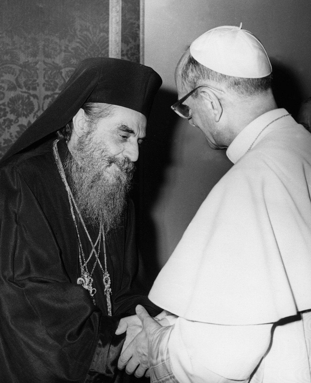 Pope Paul VI greets Orthodox Ecumenical Patriarch Athenagoras of Constantinople during the pontiff's 1964 trip to the Holy Land.