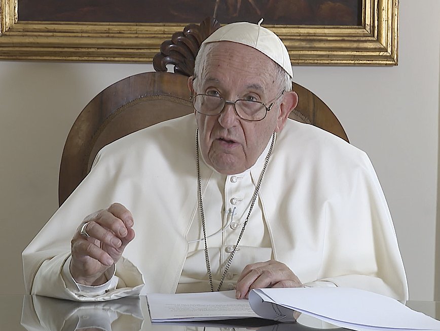 Pope Francis speaks by video message to members of the Federation of Asian Bishops' Conferences meeting in Bangkok, Thailand, Oct. 12, 2022, to mark the federation's 50 anniversary