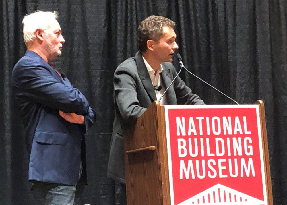 Philippe Villeneuve and Rémi Fromont, the chief architects leading the restoration of Notre-Dame Cathedral in Paris after the 2019 fire, speak Sept. 26, 2022, at the National Building Museum in Washington