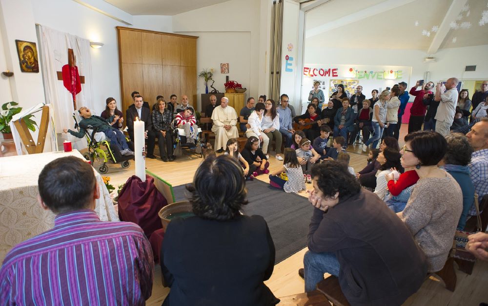 Pope Francis visits with the "Chicco" community, part of the L'Arche movement, in Ciampino, Italy, May 13, 2016.