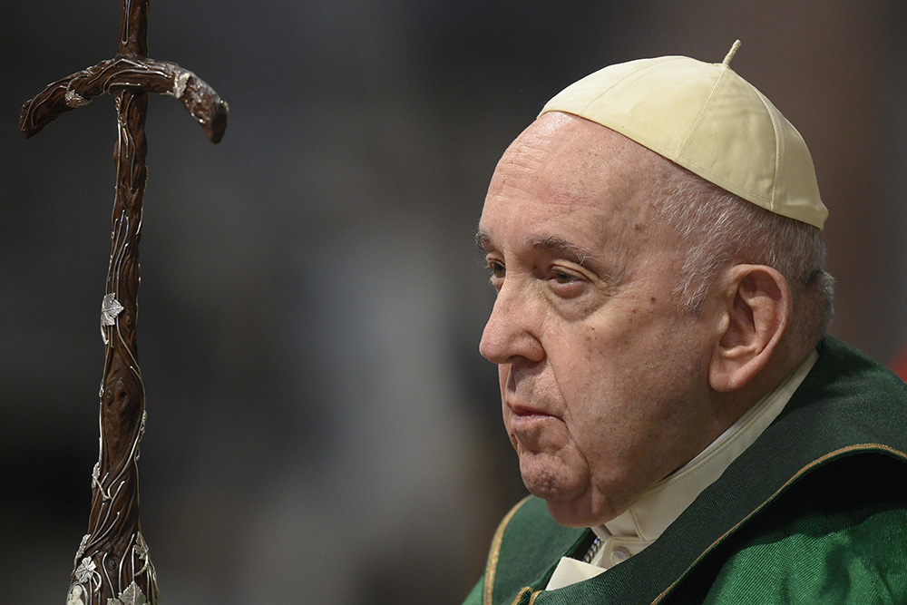 Pope Francis holds his pastoral staff as he celebrates Mass marking Sunday of the Word of God in St. Peter's Basilica at the Vatican Jan. 22. (CNS/Vatican Media)