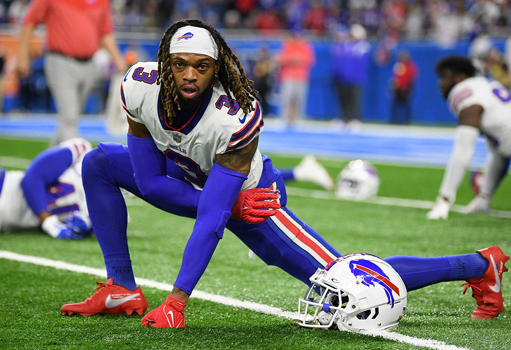 Buffalo Bills safety Damar Hamlin warms up before a game against the Detroit Lions at Ford Field Nov 24, 2022. Catholics are rejoicing in answered prayers after Hamlin made a dramatic recovery following cardiac arrest in a Jan. 2 NFL game. (OSV News photo/USA Today Sports via Reuters/Lon Horwedel)