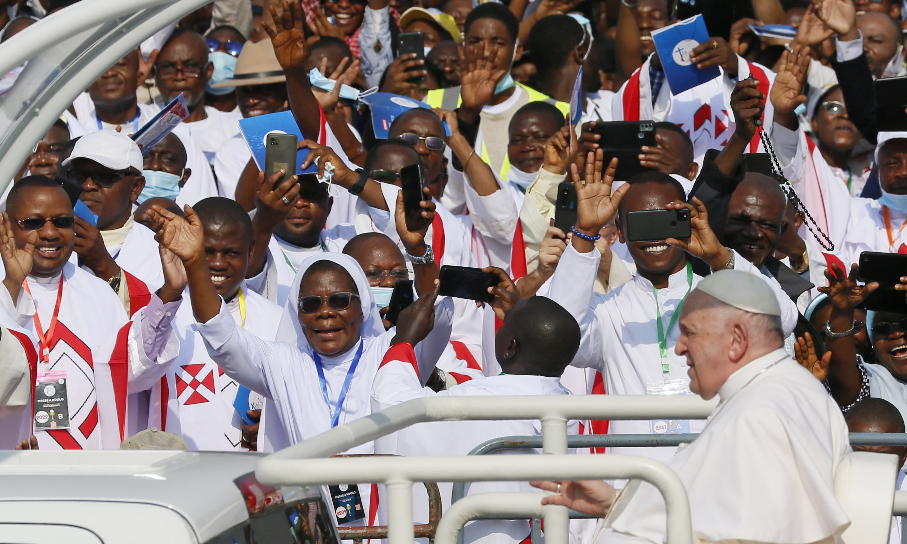 Pope Francis greets the crowd before celebrating Mass at Ndolo airport in Kinshasa, Congo, Feb. 1, 2023. (CNS photo/Paul Haring)