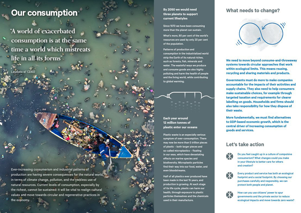 An illustrated page from a new publication by the Stockholm Environment Institute and the Vatican Dicastery for Promoting Integral Human Development released Feb. 14. The 20-page guide, titled "Our Common Home: A Guide to Caring for our Living Planet," connects the science of climate change, biodiversity and sustainable resource use with the messages of Pope Francis' 2015 encyclical, "Laudato Si', on Care for Our Common Home." (CNS/Screenshot from SEI)