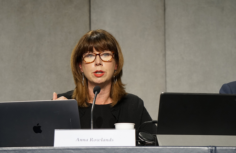 Anna Rowlands speaks at a news conference at the Vatican Oct. 27, 2022, to present the document for the continental phase of the Synod of Bishops on synodality. The document will guide discussions at the regional or continental level in preparation for the synod. (CNS/Junno Arocho Esteves)