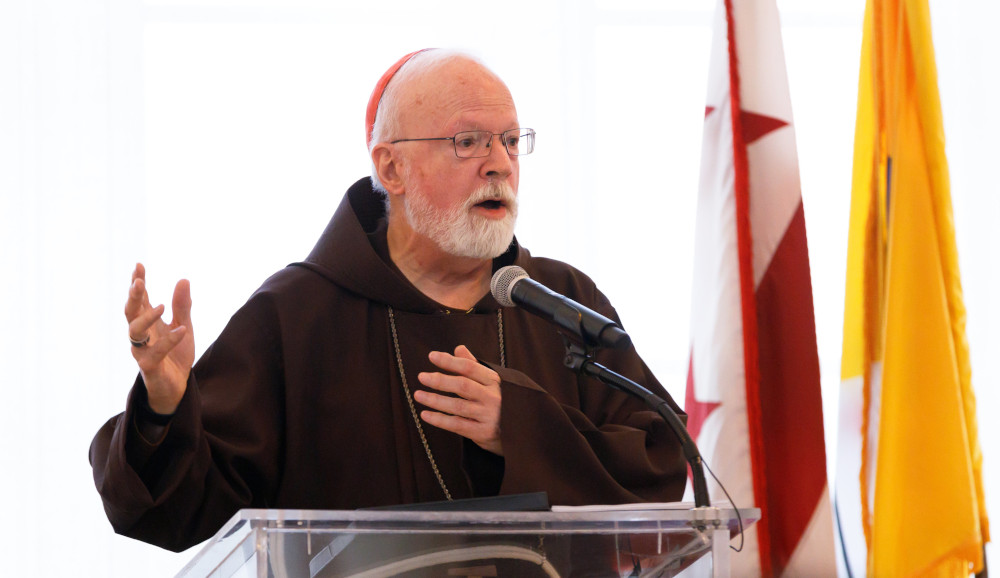 An older white man with a beard and glasses wears a red zucchetto and a brown tunic