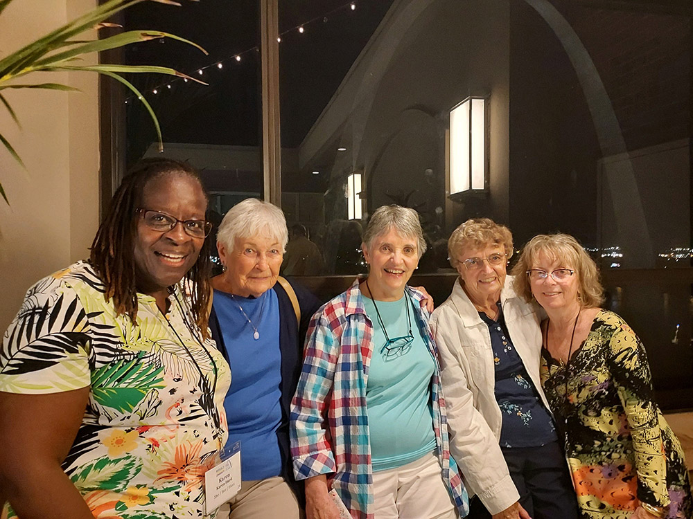 From left, agrégées Karen Hurd and Kathleen Dugan, St. Joseph Srs. Natalie Cain and Mary Ferguson, and associate Cathy Rigali at the St. Joseph Federation Event 2022 in St. Louis (Courtesy of Karen Hurd) 