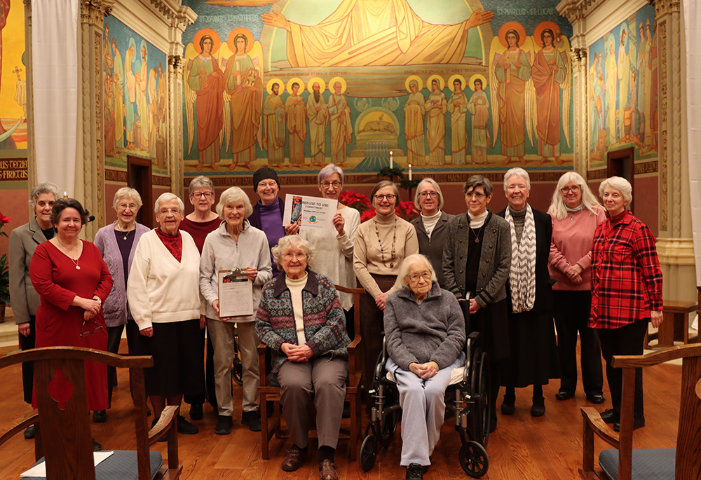 Chicago Benedictine sisters pose with their certificate for taking the Refuse to Use pledge, a challenge for Catholic Sisters Week to not use single-use plastic bottles. (Courtesy of Catholic Sisters Week)