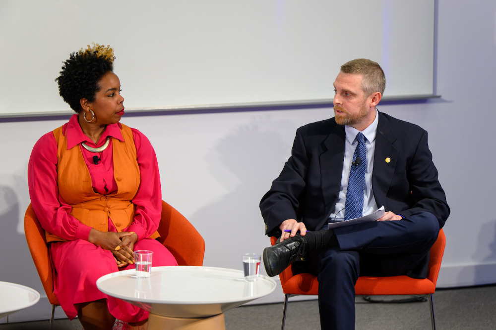 Candace Cunningham, workforce development coordinator with Restaurant Opportunities Centers United DC; and Robert Christian III, editor of Millennial at Georgetown's panel "Young Catholics, Work and Labor in the New Economy" held March 28. (Photo courtesy of Georgetown University/Rafael Suanes)