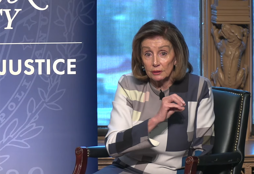 Former U.S. House Speaker Nancy Pelosi speaks March 23 at Georgetown University (NCR screenshot)