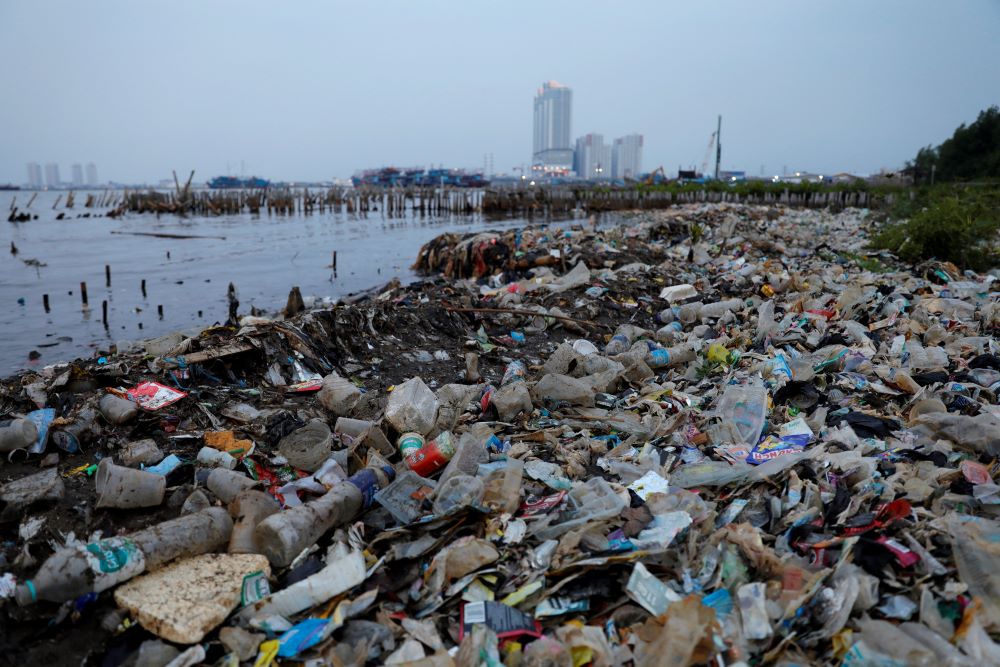 Rubbish, most of which is plastics, is seen along a shoreline in Jakarta, Indonesia, in this June 21, 2019, file photo. (CNS photo/Willy Kurniawan, Reuters)