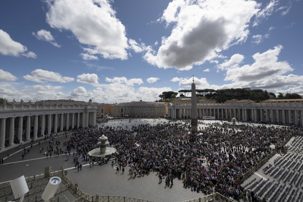 An estimated 20,000 visitors and pilgrims joined Pope Francis for the recitation of the "Regina Coeli" prayer April 16, 2023, in St. Peter's Square at the Vatican. (CNS photo/Vatican Media)