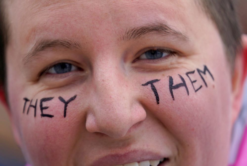 Zee Kilpack is photographed at a rally where hundreds gathered in support of transgender youth at the Utah State Capitol Jan. 24 in Salt Lake City. Utah lawmakers on Jan. 27 gave final approval for a measure that would ban most transgender youth from receiving gender-affirming health care like surgery or puberty blockers.. (AP/Rick Bowmer)