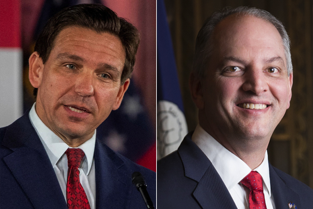 Left: Florida Gov. Ron DeSantis (OSV News/Reuters/Alyssa Pointer); right: Louisiana Gov. John Bel Edwards (OSV News/Courtesy of Office of the Governor/Marie Constantin)