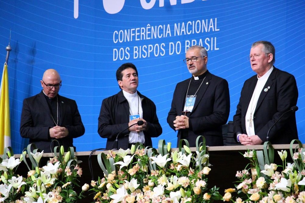 Brazil prelates pictured during the Catholic bishops' conference's general assembly April 19-28, 2023, in Aparecida are, from left, Bishop Ricardo Hoepers of Rio Grande, Bishop Paulo Jackson Nóbrega de Sousa of Garanhuns, Archbishop João Justino de Medeiros Silva of Goiânia and Archbishop Jaime Spengler of Porto Alegre. After the election of the new leaders of the conference April 24, two Afro Brazilian priests released a public letter criticizing the fact that most of the new leaders of the Brazilian churc