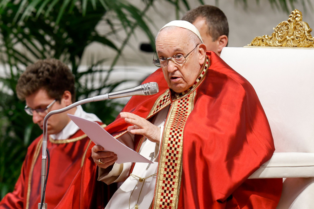 Pope Francis delivers his homily during his Pentecost Mass in St. Peter's Basilica at the Vatican May 28, 2023. (CNS photo/Lola Gomez)