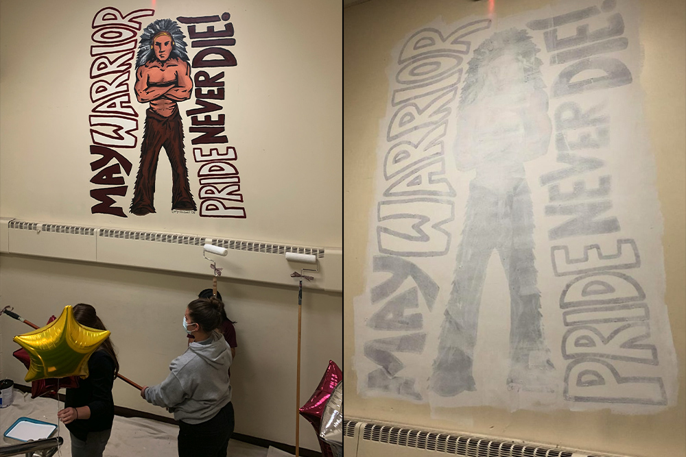 Walsh Jesuit High school in Cuyahoga Falls, Ohio, remains the "Warriors" but has severed its mascot's association with Native Americans. With the backing of the original artist, murals on campus were painted over in 2021. (Courtesy of Walsh Jesuit High School)