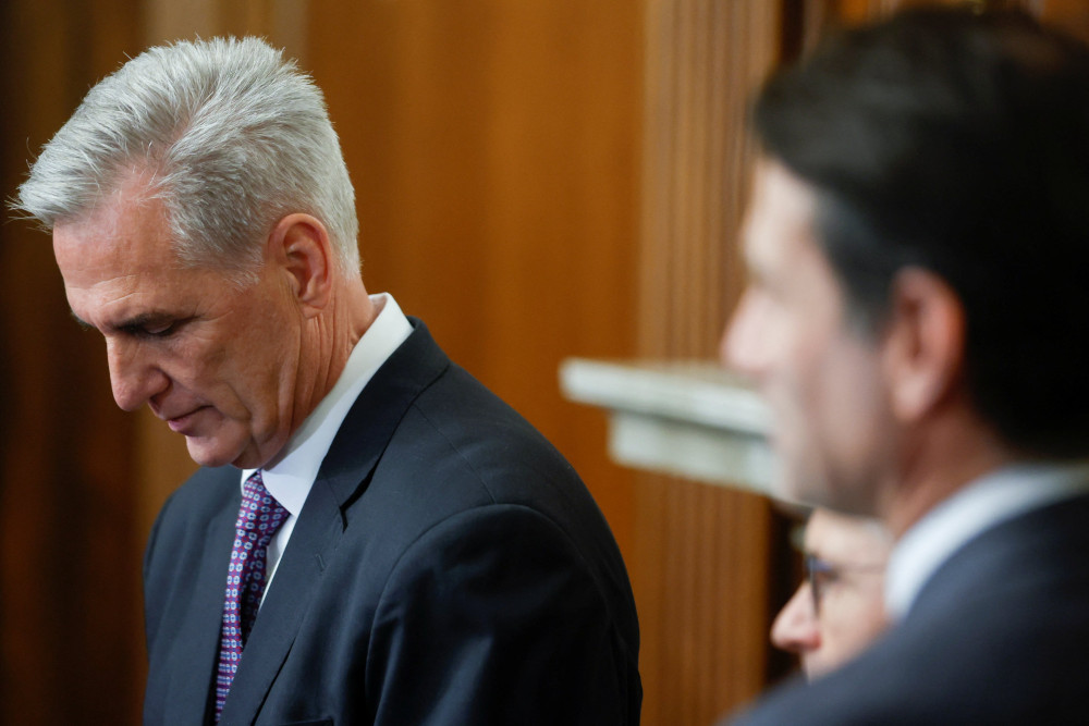 U.S. House Speaker Kevin McCarthy (R-CA) pauses during a press conference at the U.S. Capitol in Washington May 31, 2023, after the House approved the debt ceiling deal he negotiated with the White House to end their standoff and avoid a historic default. (OSV News photo/Jonathan Ernst, Reuters)