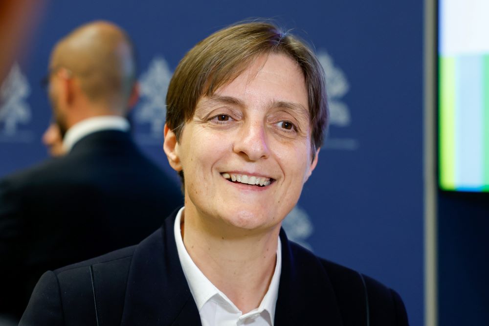 Sr. Nadia Coppa, president of the women's International Union of Superiors General, speaks to reporters at the presentation of the working document for the Synod of Bishops at the Vatican press office June 20. (CNS/Lola Gomez)