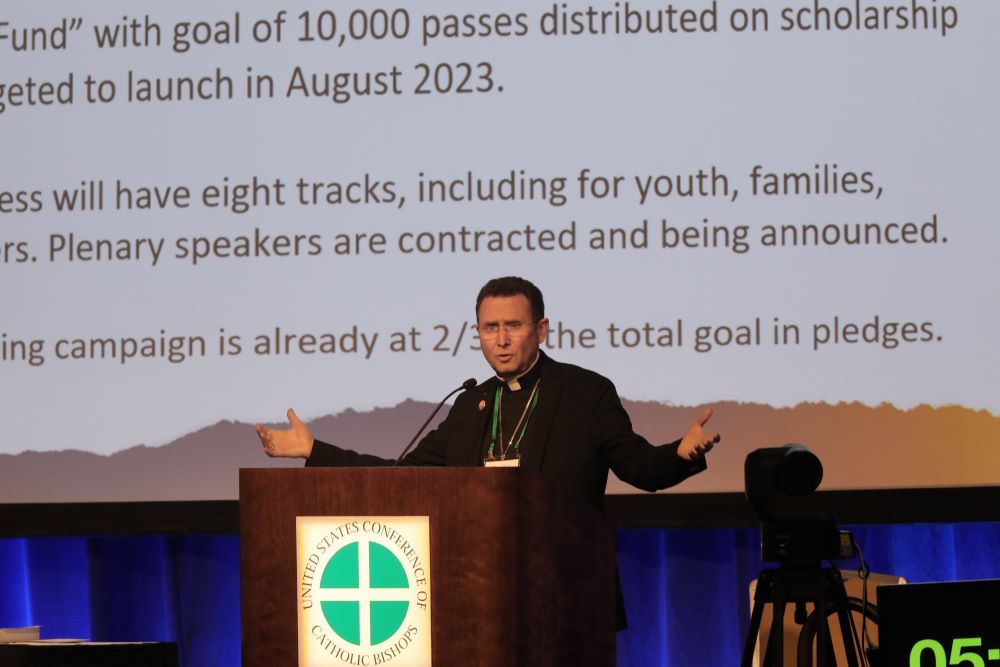 Bishop Andrew H. Cozzens of Crookston, Minn., chair of the U.S. Conference of Catholic Bishops' Committee on Evangelization and Catechesis, discusses the National Eucharistic Revival June 15 during the U.S. Conference of Catholic Bishops' spring assembly in Orlando, Fla. (OSV News/Bob Roller)