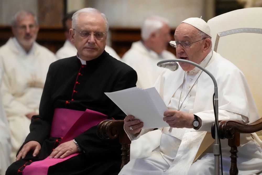 Pope Francis meets with pilgrims from Concesio and Sotto il Monte on the 60th anniversary of the death of Pope John XXIII and the election of Paul VI in St. Peter's Basilica at the Vatican, Saturday, June 3, 2023. Pope Francis warned the Vatican's missionary fundraisers on Saturday to not allow financial corruption to creep into their work, insisting that spirituality and spreading the Gospel must drive their operations, not mere entrepreneurship. (AP/Gregorio Borgia)