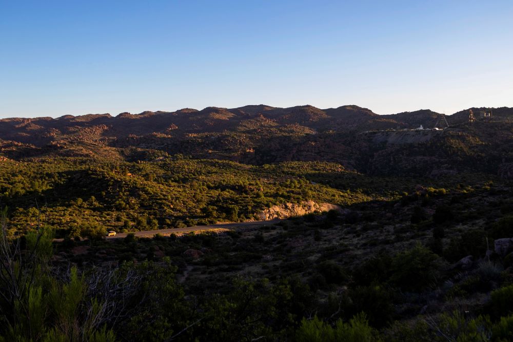 The sun sets over Oak Flat Campground, a sacred site for Native Americans located 70 miles east of Phoenix, on June 3, 2023, in Miami, Ariz.