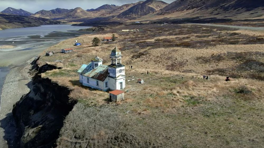 An aerial view of Ascension of Our Lord Orthodox Church in Karluk, Alaska, on Kodiak Island.