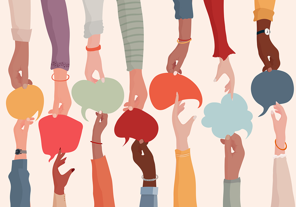 Illustration of diverse hands reaching to each other, sharing speech bubbles (Dreamstime/melitas)