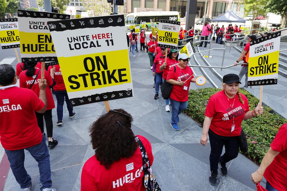 People demonstrate in front of InterContinental Hotel as unionized hotel workers in Los Angeles and Orange County, California, go on strike in Los Angeles July 2. (OSV News/Reuters/David Swanson)