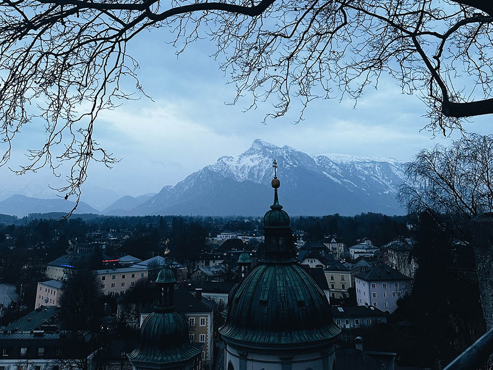 A pre-dawn Austrian sky viewed from the cobbled lane just outside Nonnberg Abbey's walled garden (Sarah Southern)