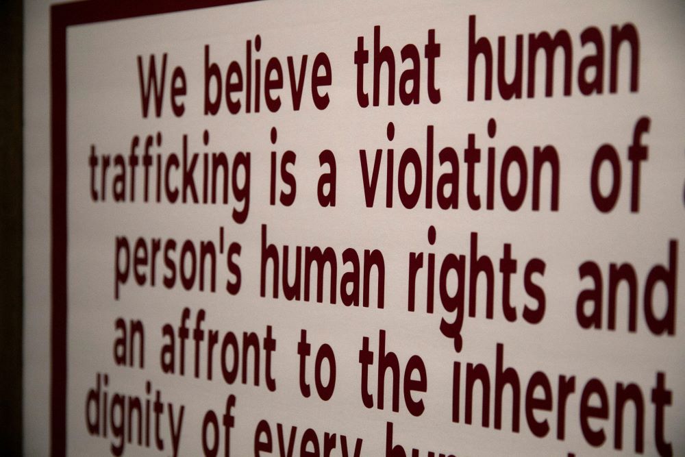 A sign about human trafficking is seen at the Motel X interactive exhibit at the National Underground Freedom Center in Cincinnati Jan. 10, 2020. (OSV News/The Enquirer via Reuters/Liz Dufour)