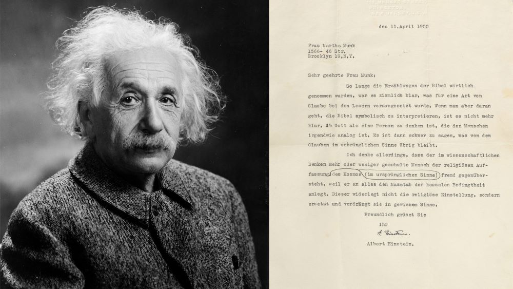 Albert Einstein, in 1947, with a letter he wrote in 1950. Einstein photo courtesy Creative Commons; letter courtesy Raab Collection