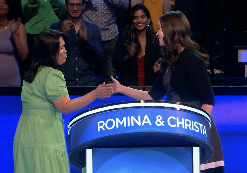 Sisters of Charity of Cincinnati Sr. Romina Sapinoso and Institute of the Blessed Virgin Mary Sr. Christa Parra compete on "Beat Shazam" on Fox. (GSR screengrab)