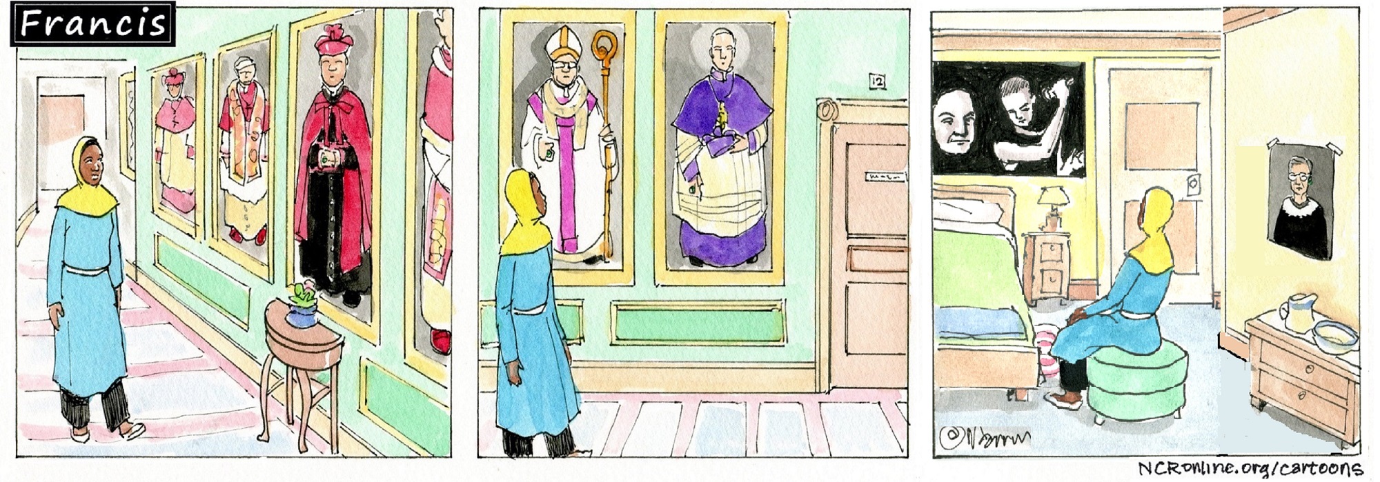 Gabby strolls past portraits of clerics.