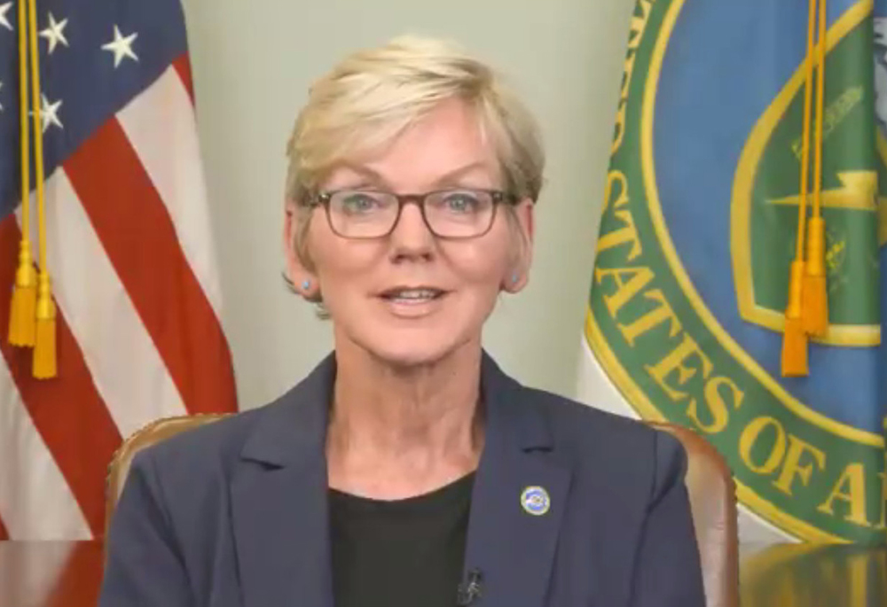 Energy Secretary Jennifer Granholm delivers a prerecorded message during a briefing on clean energy tax incentives available to faith-based communities in a July 18 webinar organized by Interfaith Power & Light. (NCR screenshot)