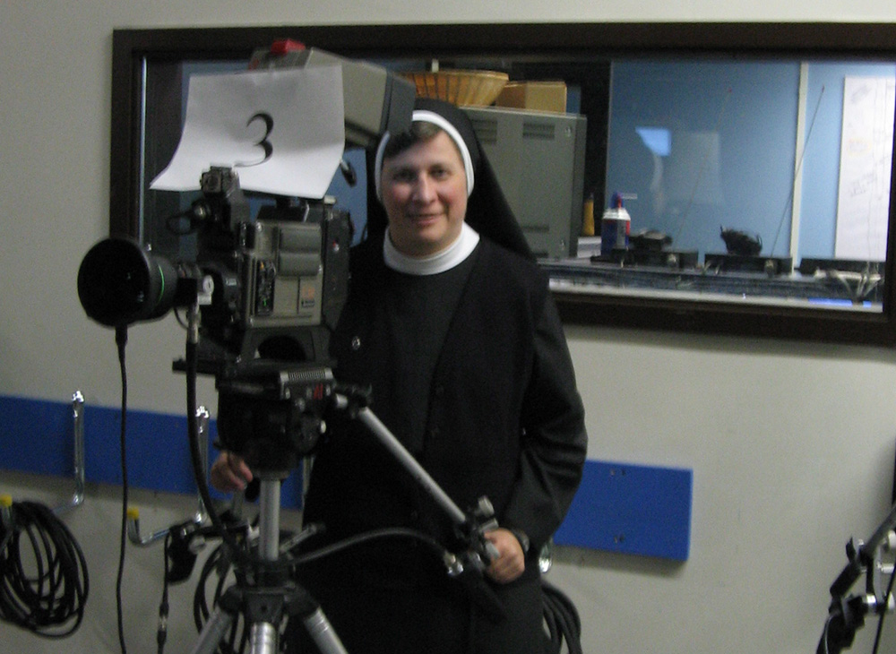 Basilian Sr. Monica Jaciuk behind the camera at PCTV for the "Kairos" series (Courtesy of Ann Laszok)