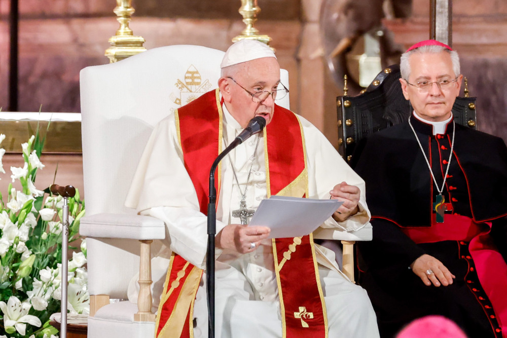 Pope Francis gives his homily during vespers with Portuguese bishops, priests, deacons, consecrated persons, seminarians and pastoral workers in the Jerónimos Monastery in Lisbon, Portugal, Aug. 2, 2023. (CNS photo/Lola Gomez)