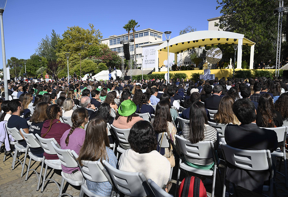 Pope Francis speaks to students at the Catholic University of Portugal Aug. 3 in Lisbon. (CNS/Vatican Media)